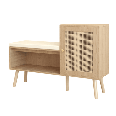 Natural Rattan Shoe Storage Bench With Adjustable Shelves And Removable Cushion For Modern Entryway Organization