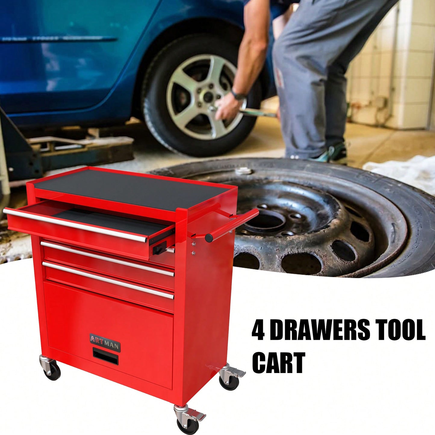 Multifunctional Tool Cart With 4 Drawers And Wheels In Blue For Easy Storage And Mobility