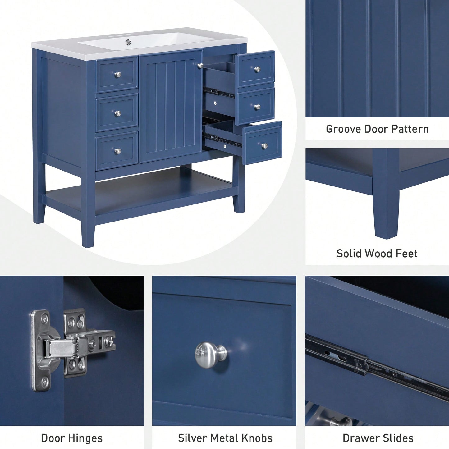 36 Inch Blue Bathroom Vanity Cabinet Base With One Cabinet And Three Drawers