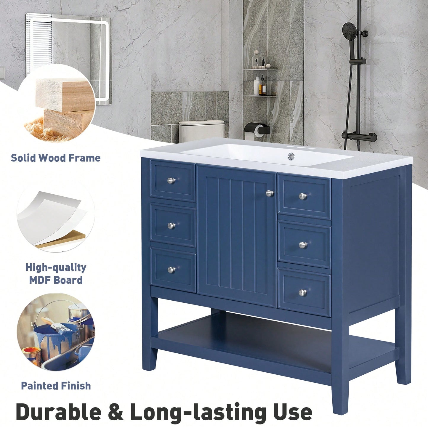 36 Inch Blue Bathroom Vanity Cabinet Base With One Cabinet And Three Drawers