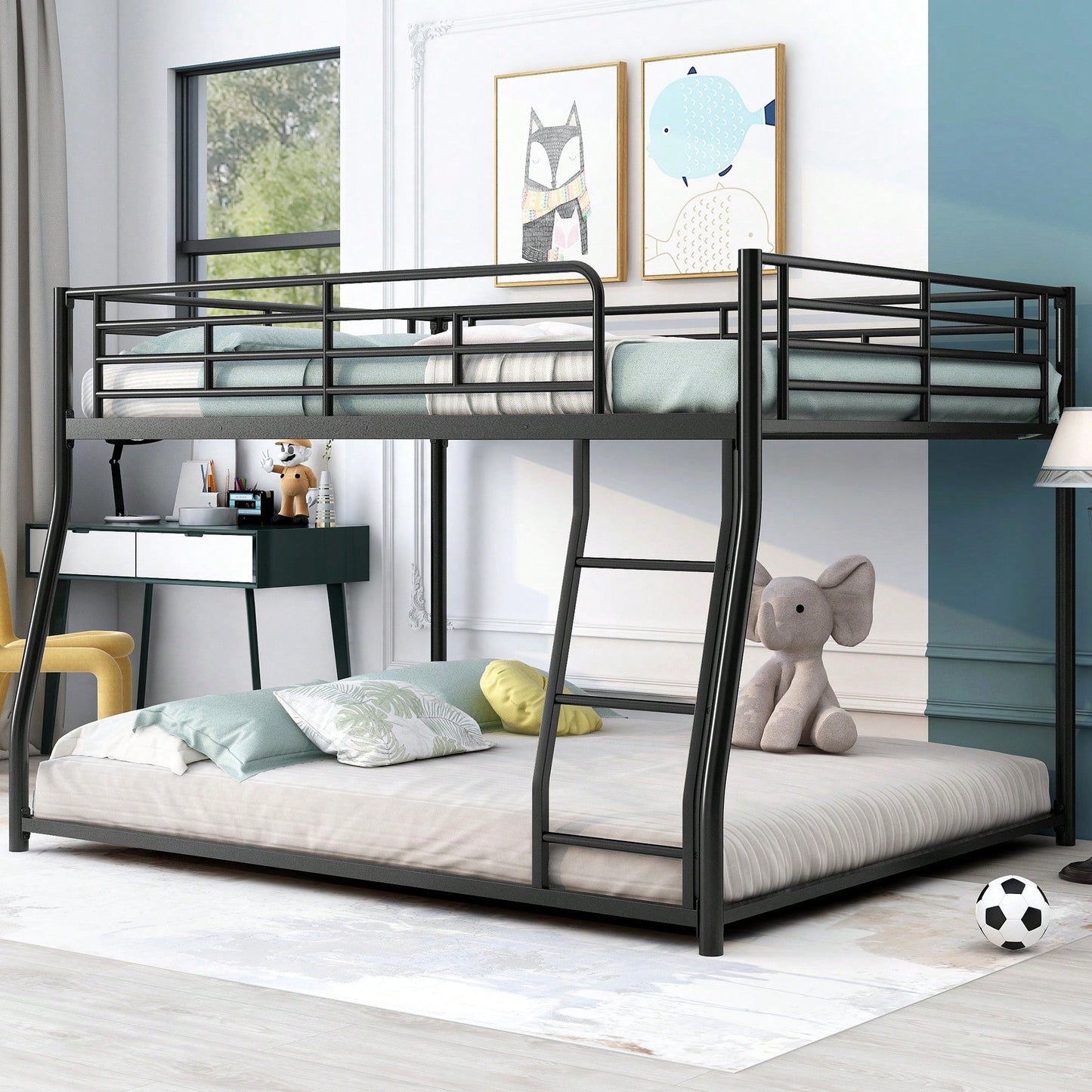 Full XL Over Queen Metal Bunk Bed In Black Finish For Space-Saving Sleeping Solution