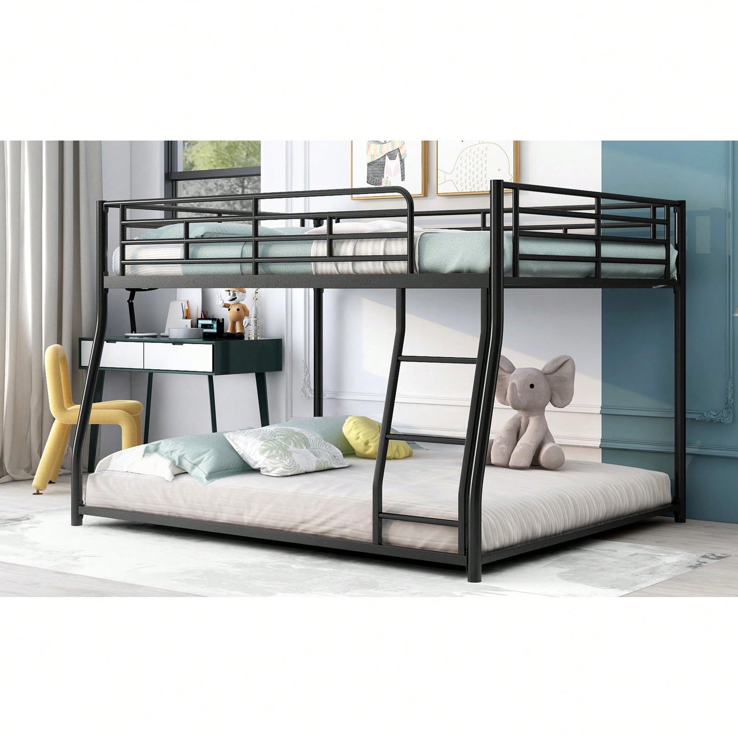 Full XL Over Queen Metal Bunk Bed In Black Finish For Space-Saving Sleeping Solution