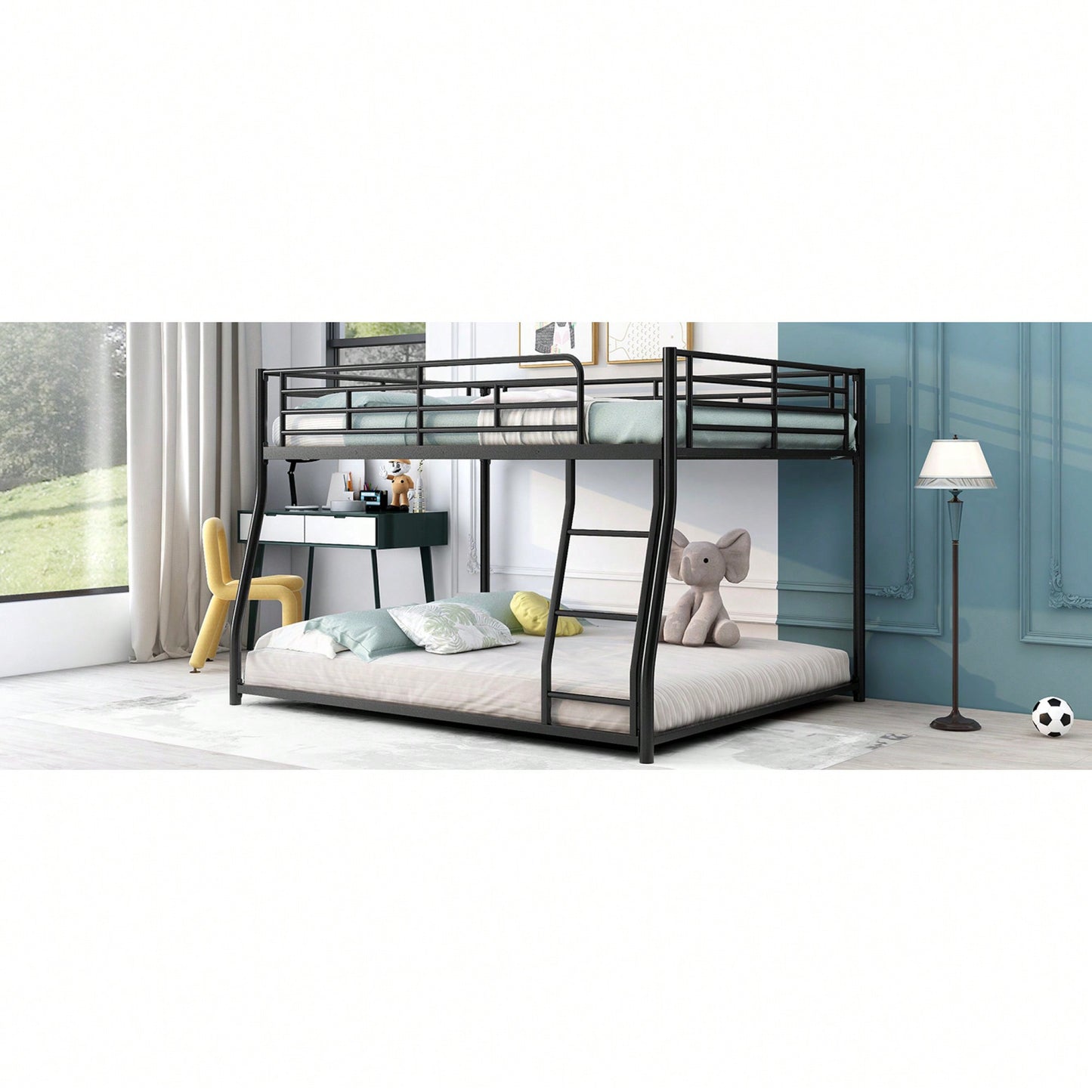 Full XL Over Queen Metal Bunk Bed In Black Finish For Space-Saving Sleeping Solution