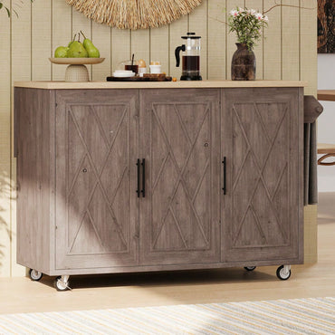 Geometric Twill Stripe Kitchen Island With Drop Leaf And Wheels, Farmhouse Rolling Cart With Internal Storage And Towel Rack, Black Finish