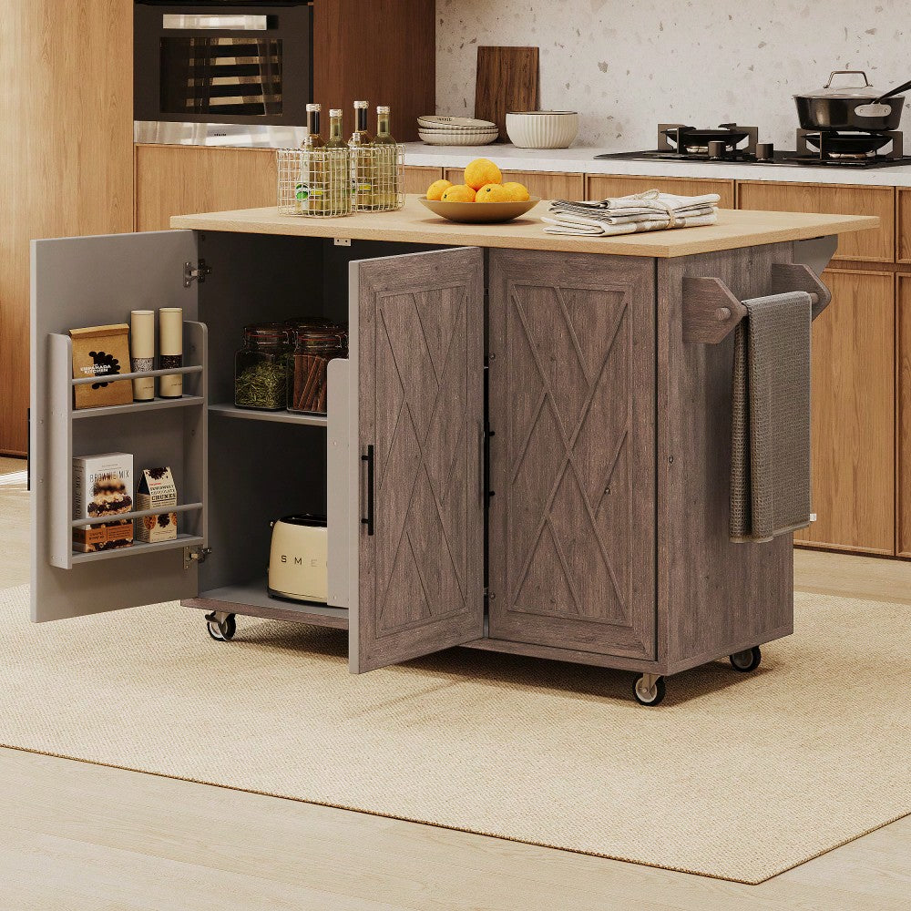 Geometric Twill Stripe Kitchen Island With Drop Leaf And Wheels, Farmhouse Rolling Cart With Internal Storage And Towel Rack, Black Finish
