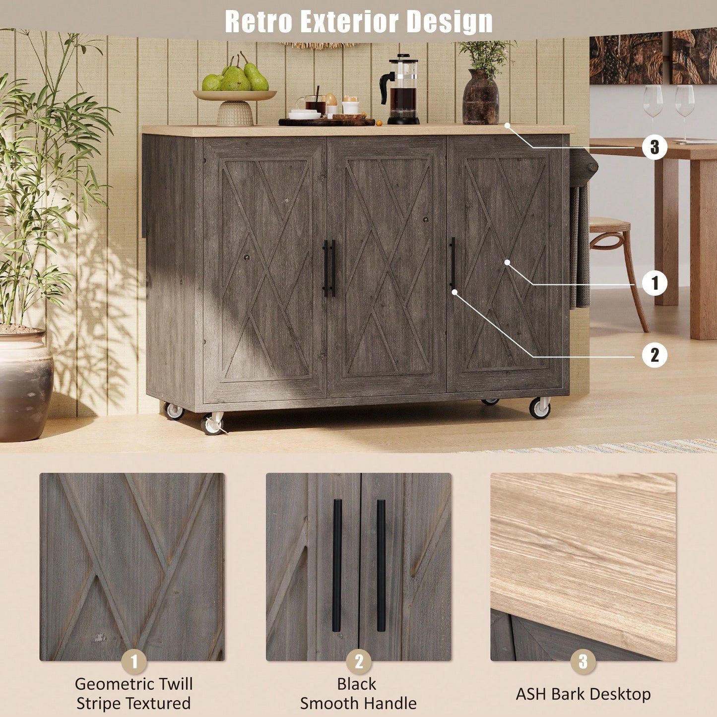 Geometric Twill Stripe Kitchen Island With Drop Leaf And Wheels, Farmhouse Rolling Cart With Internal Storage And Towel Rack, Black Finish