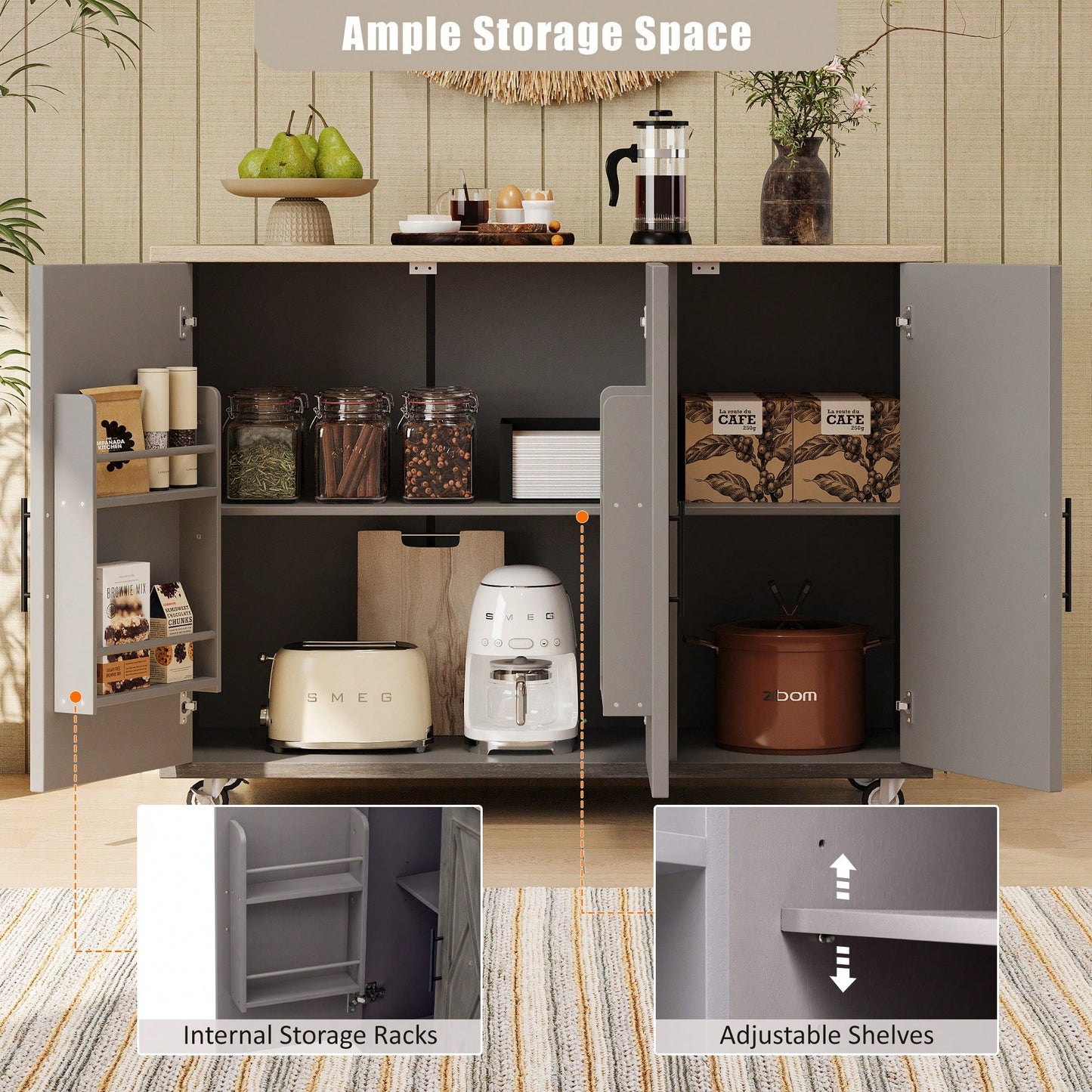 Geometric Twill Stripe Kitchen Island With Drop Leaf And Wheels, Farmhouse Rolling Cart With Internal Storage And Towel Rack, Black Finish