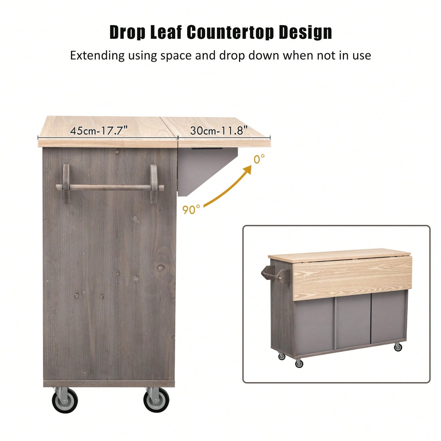 Geometric Twill Stripe Kitchen Island With Drop Leaf And Wheels, Farmhouse Rolling Cart With Internal Storage And Towel Rack, Black Finish