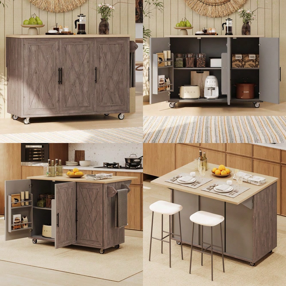 Geometric Twill Stripe Kitchen Island With Drop Leaf And Wheels, Farmhouse Rolling Cart With Internal Storage And Towel Rack, Black Finish