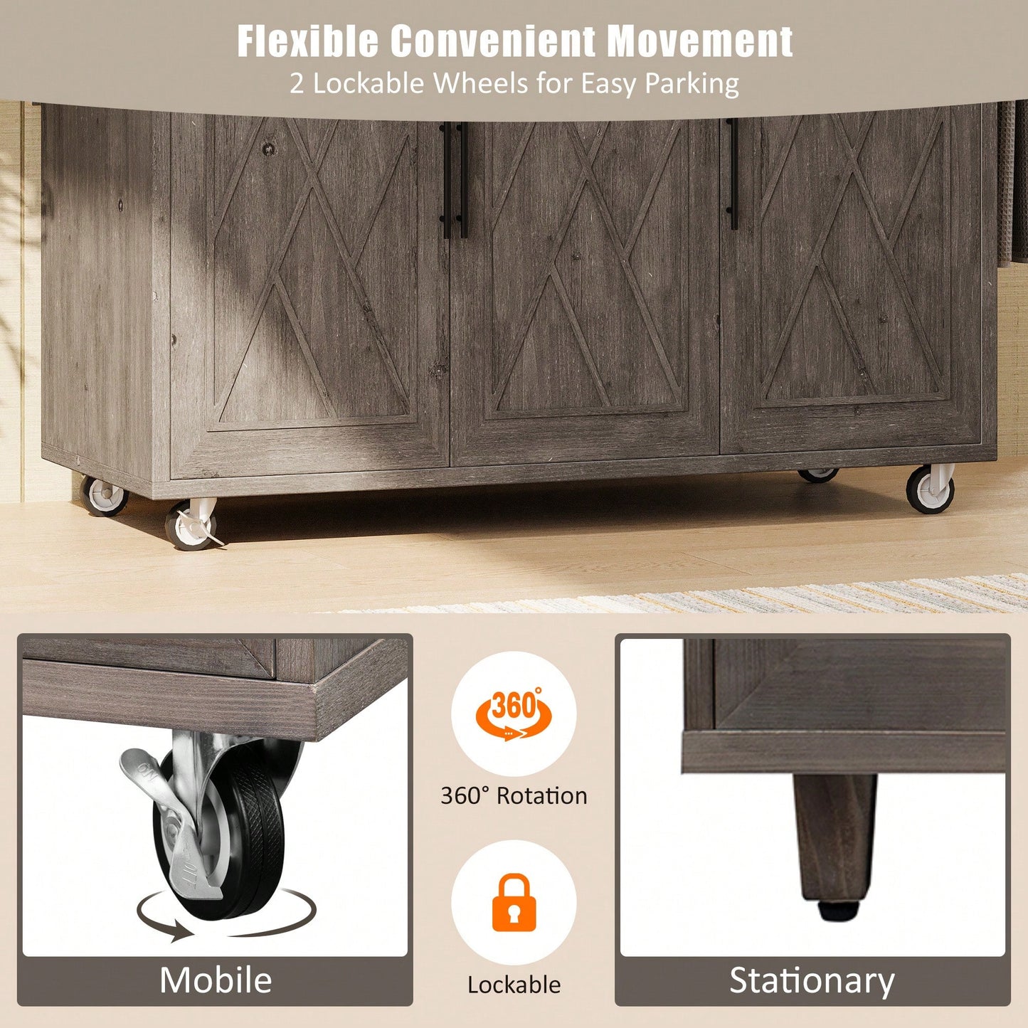 Geometric Twill Stripe Kitchen Island With Drop Leaf And Wheels, Farmhouse Rolling Cart With Internal Storage And Towel Rack, Black Finish