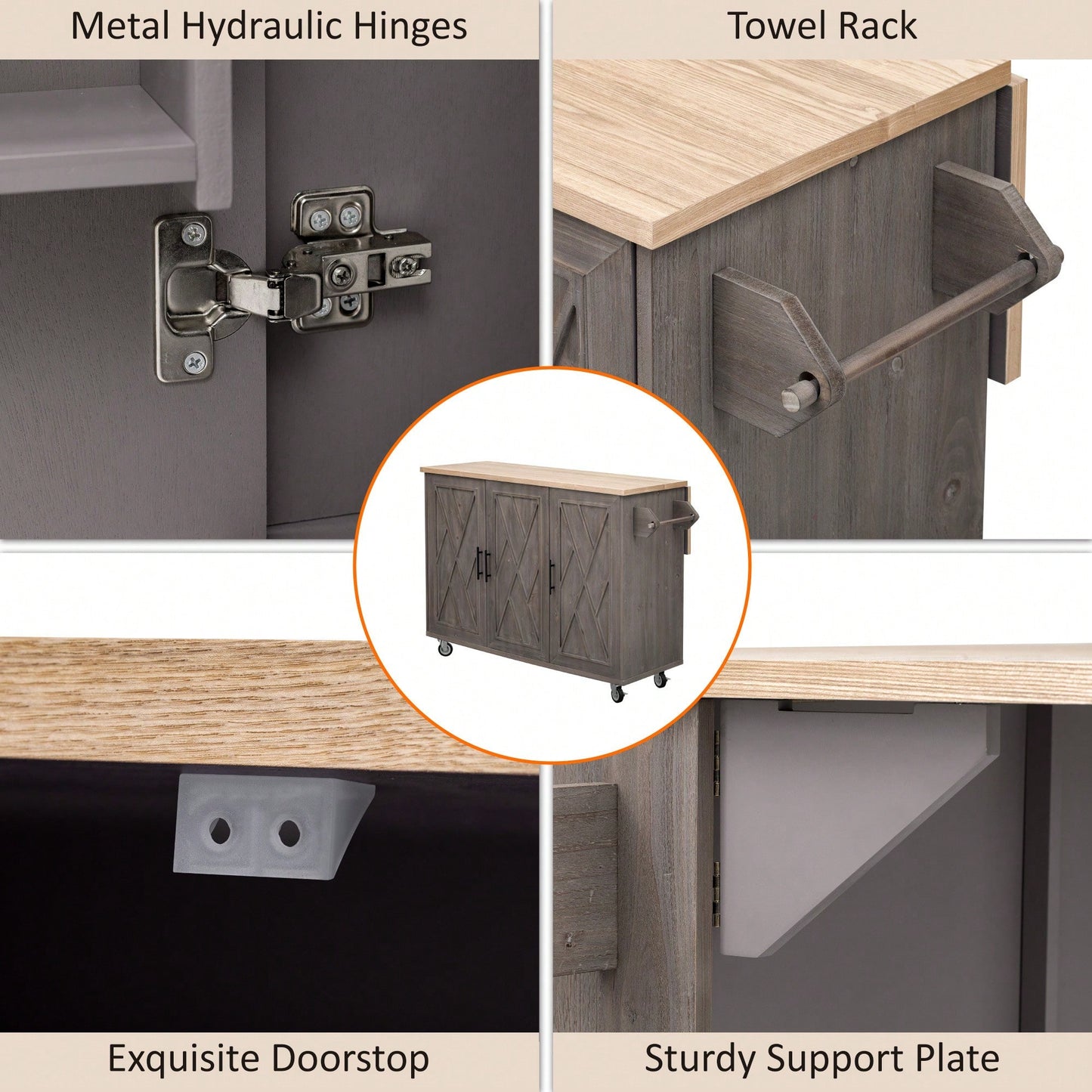 Geometric Twill Stripe Kitchen Island With Drop Leaf And Wheels, Farmhouse Rolling Cart With Internal Storage And Towel Rack, Black Finish