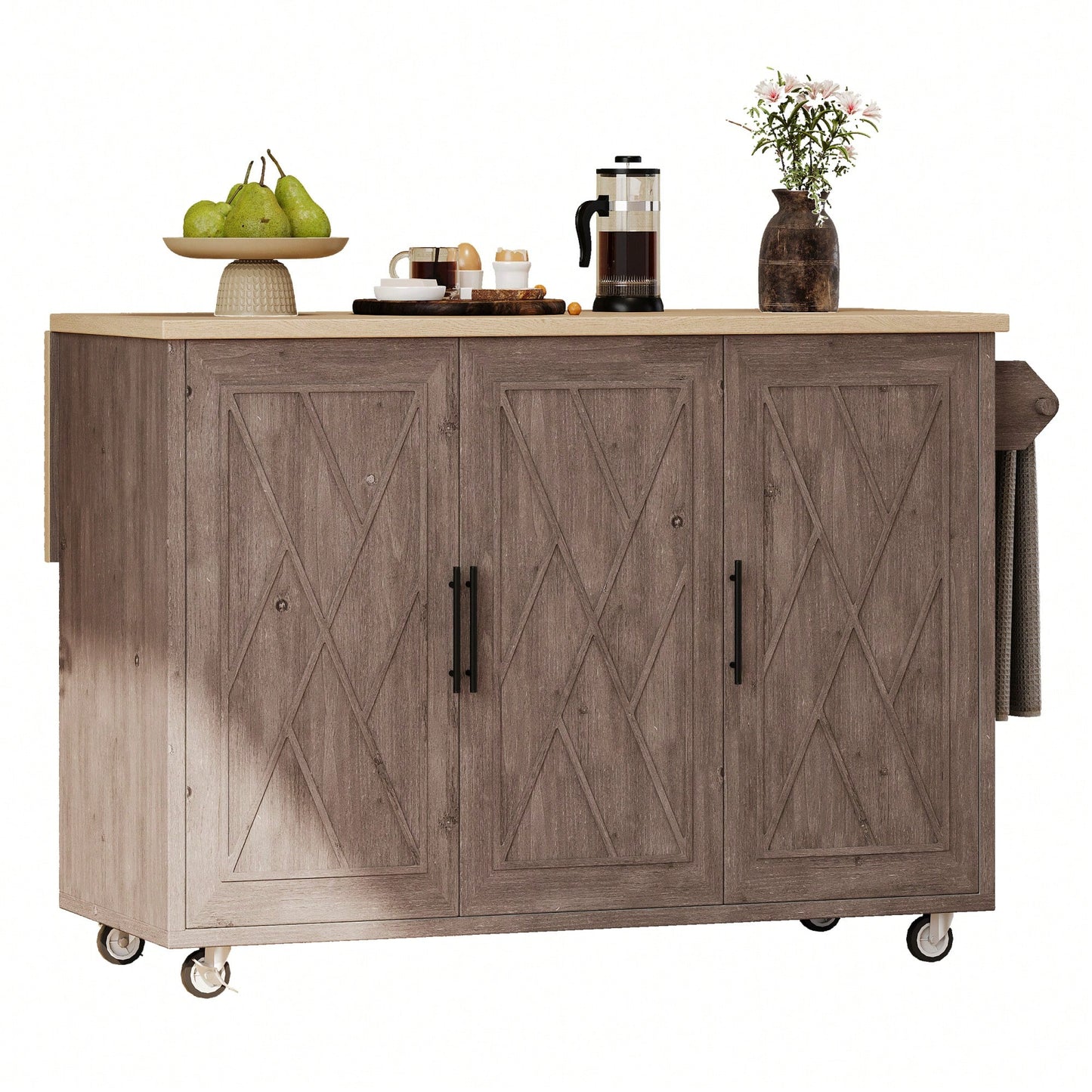 Geometric Twill Stripe Kitchen Island With Drop Leaf And Wheels, Farmhouse Rolling Cart With Internal Storage And Towel Rack, Black Finish