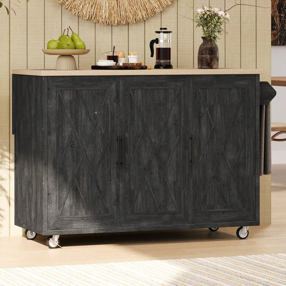 Geometric Twill Stripe Kitchen Island With Drop Leaf And Wheels, Farmhouse Rolling Cart With Internal Storage And Towel Rack, Black Finish