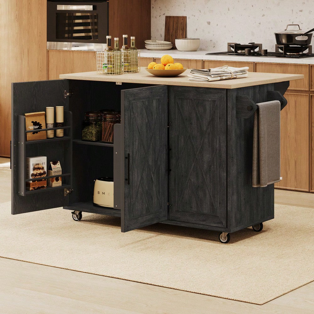 Geometric Twill Stripe Kitchen Island With Drop Leaf And Wheels, Farmhouse Rolling Cart With Internal Storage And Towel Rack, Black Finish