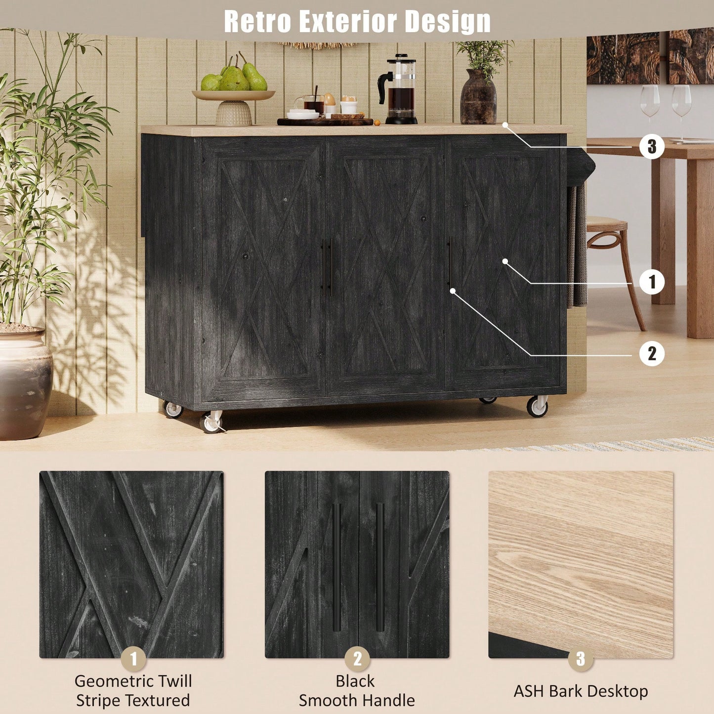 Geometric Twill Stripe Kitchen Island With Drop Leaf And Wheels, Farmhouse Rolling Cart With Internal Storage And Towel Rack, Black Finish