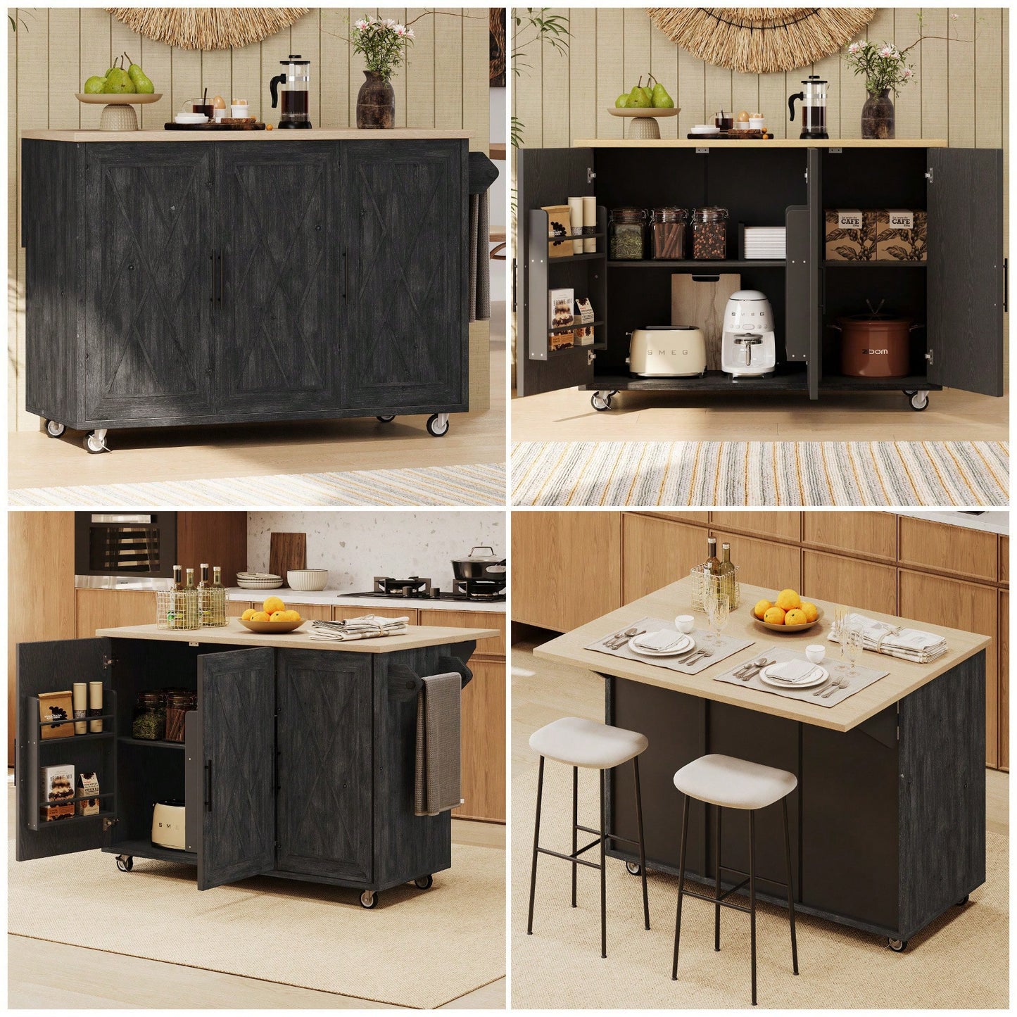 Geometric Twill Stripe Kitchen Island With Drop Leaf And Wheels, Farmhouse Rolling Cart With Internal Storage And Towel Rack, Black Finish