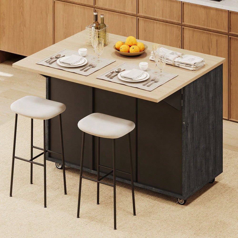 Geometric Twill Stripe Kitchen Island With Drop Leaf And Wheels, Farmhouse Rolling Cart With Internal Storage And Towel Rack, Black Finish