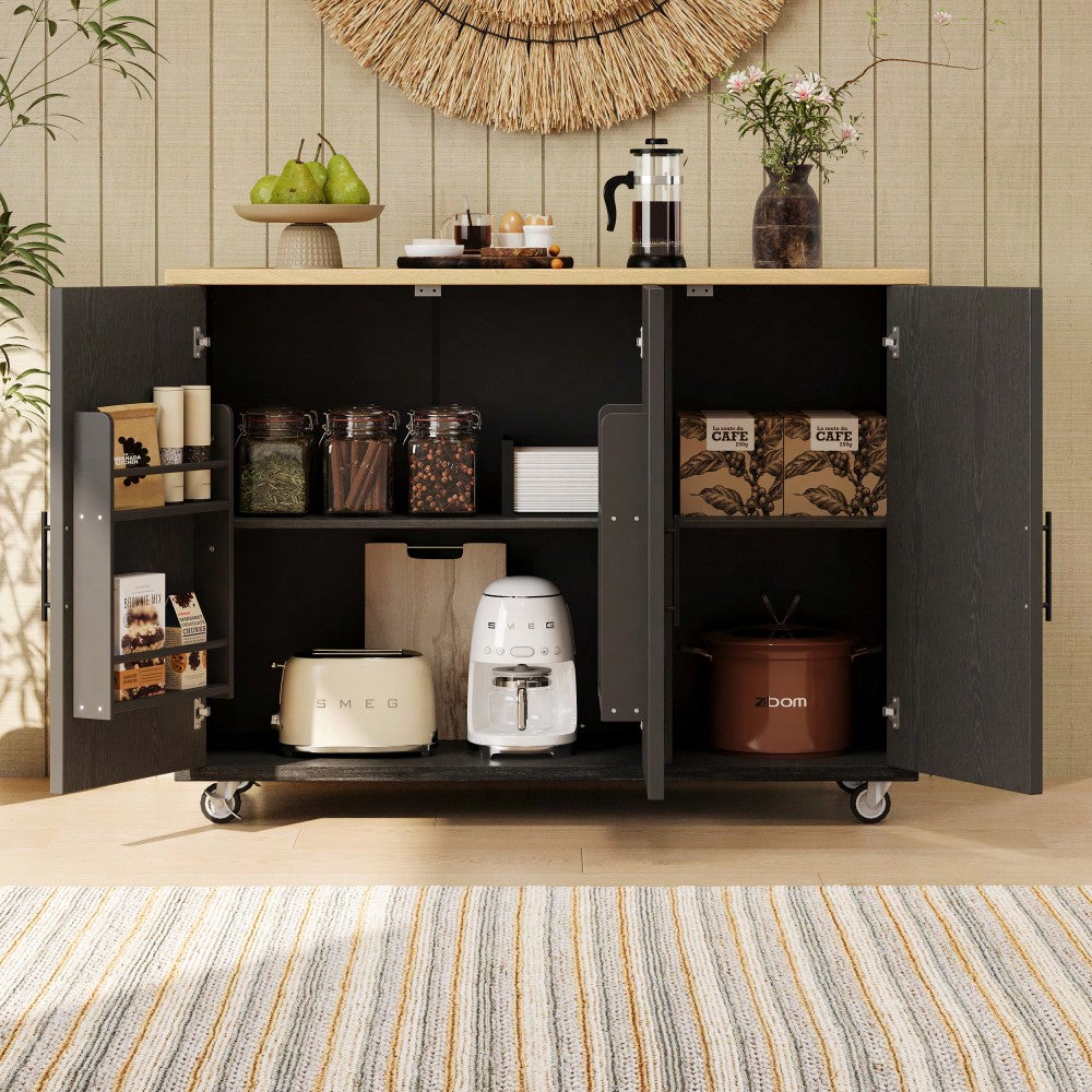 Geometric Twill Stripe Kitchen Island With Drop Leaf And Wheels, Farmhouse Rolling Cart With Internal Storage And Towel Rack, Black Finish