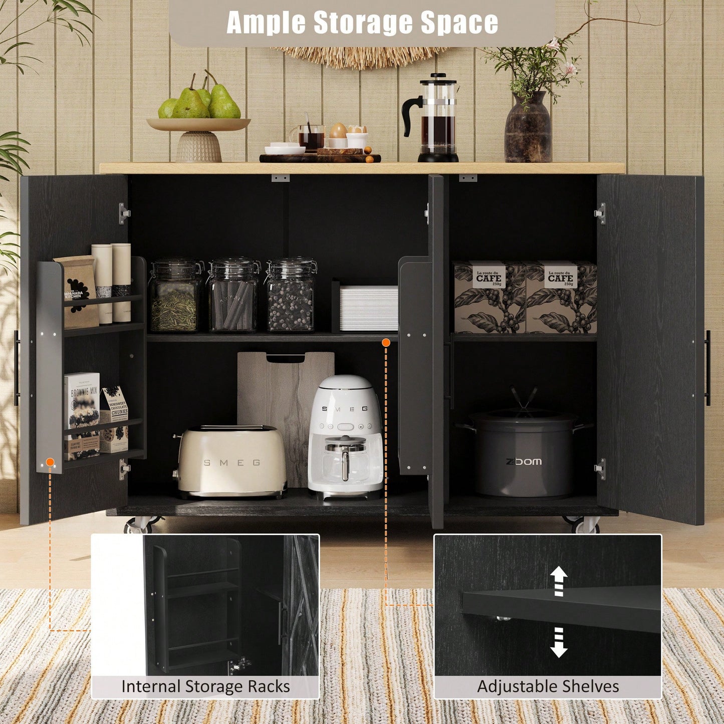 Geometric Twill Stripe Kitchen Island With Drop Leaf And Wheels, Farmhouse Rolling Cart With Internal Storage And Towel Rack, Black Finish