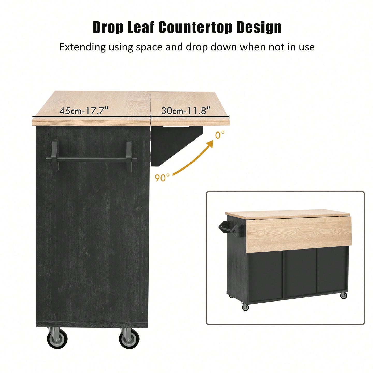 Geometric Twill Stripe Kitchen Island With Drop Leaf And Wheels, Farmhouse Rolling Cart With Internal Storage And Towel Rack, Black Finish