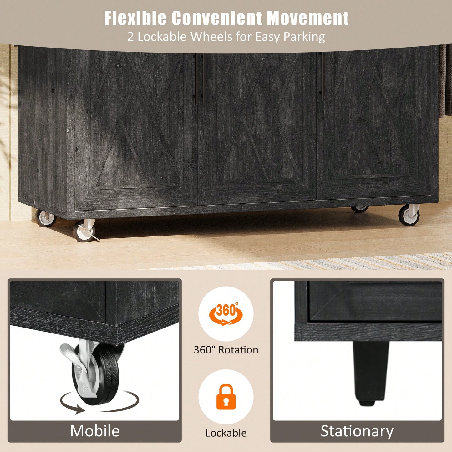 Geometric Twill Stripe Kitchen Island With Drop Leaf And Wheels, Farmhouse Rolling Cart With Internal Storage And Towel Rack, Black Finish