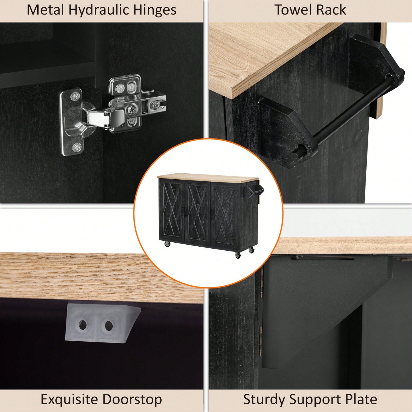 Geometric Twill Stripe Kitchen Island With Drop Leaf And Wheels, Farmhouse Rolling Cart With Internal Storage And Towel Rack, Black Finish