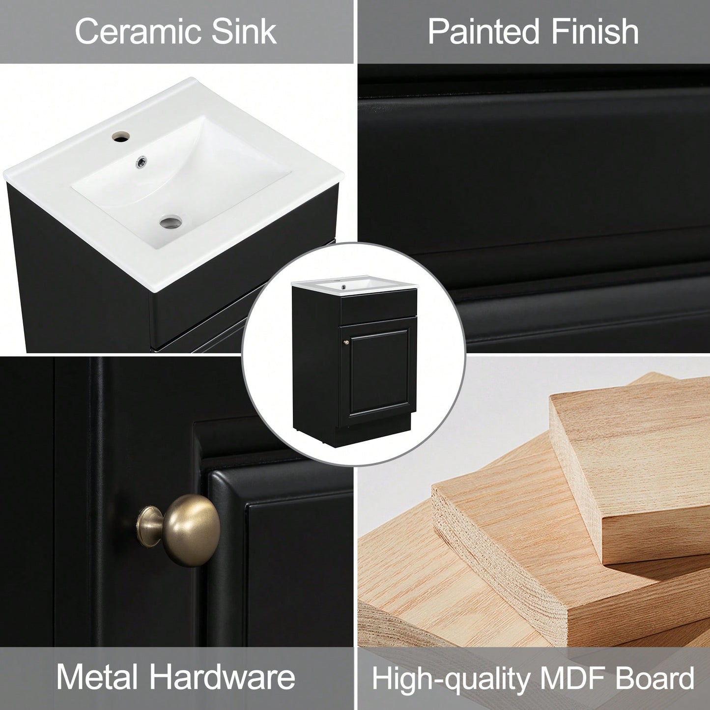 Compact Black Bathroom Vanity With Sink And Adjustable Storage Shelf
