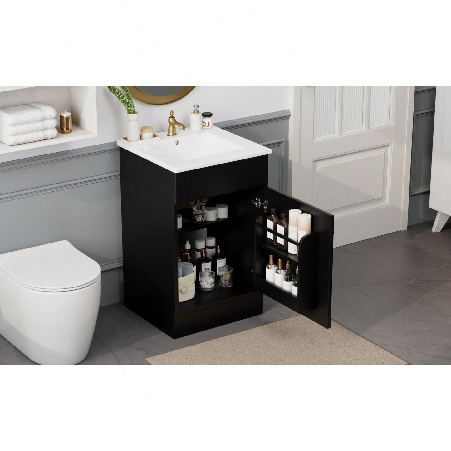 Compact Black Bathroom Vanity With Sink And Adjustable Storage Shelf