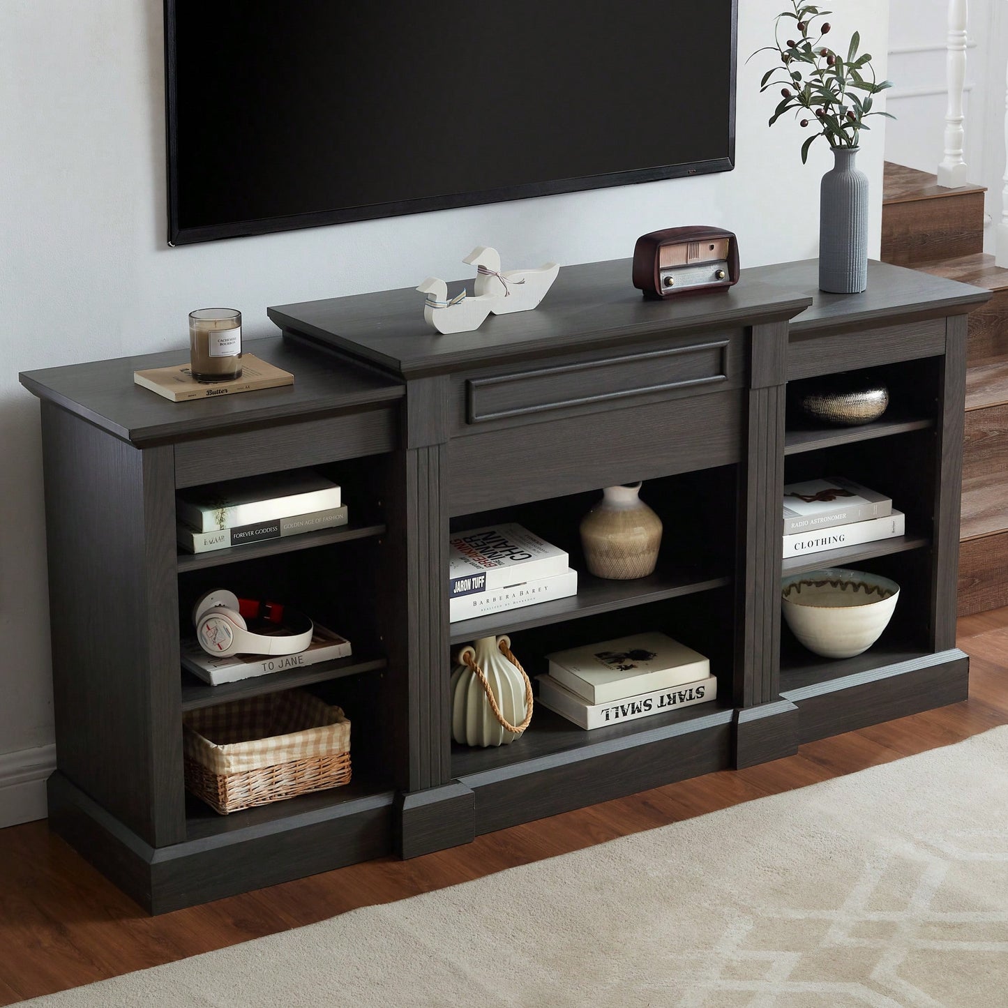 Modern Grey Media Console Table With Ample Storage For TV And Entertainment Systems 65.75"W 17"D 32.48"H