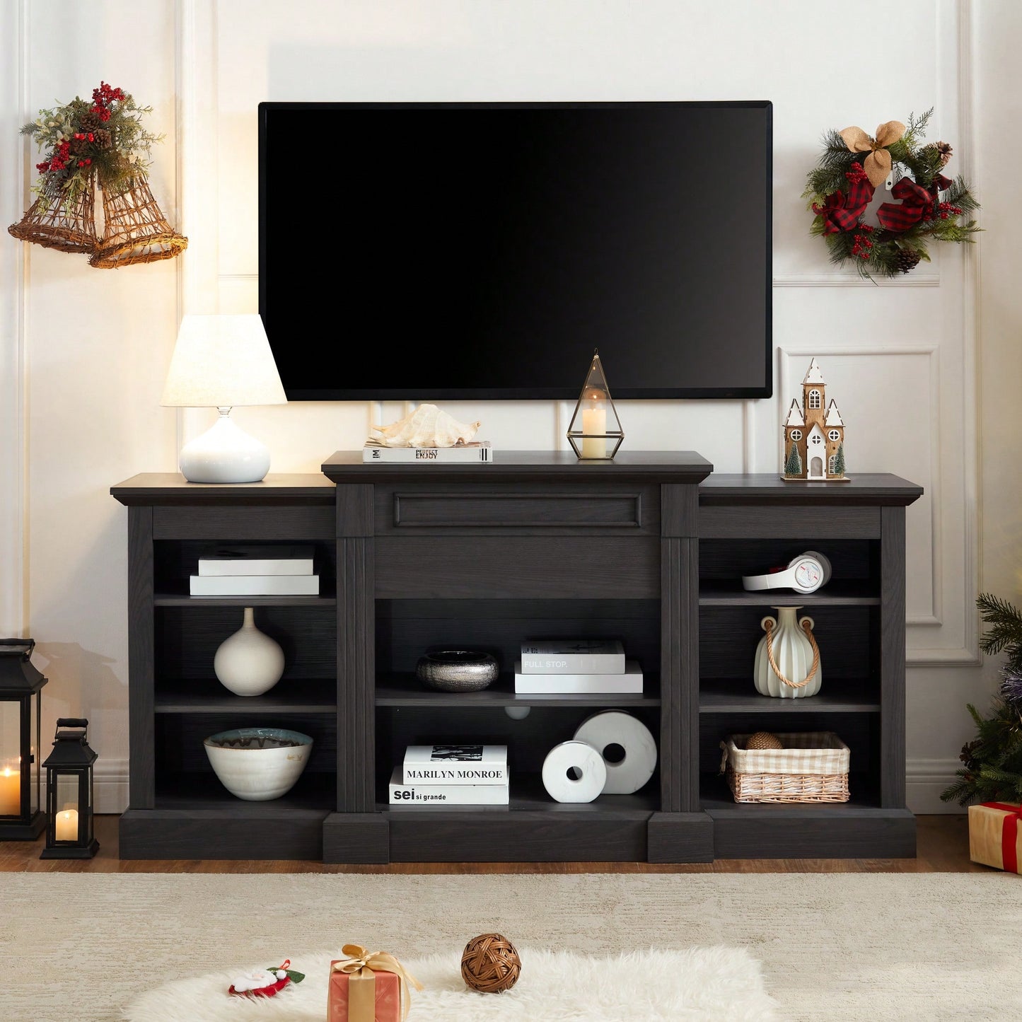 Modern Grey Media Console Table With Ample Storage For TV And Entertainment Systems 65.75"W 17"D 32.48"H