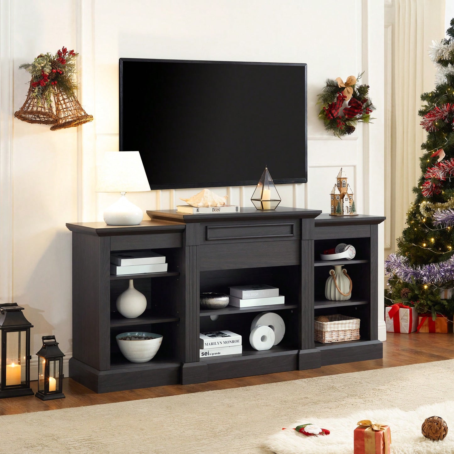 Modern Grey Media Console Table With Ample Storage For TV And Entertainment Systems 65.75"W 17"D 32.48"H
