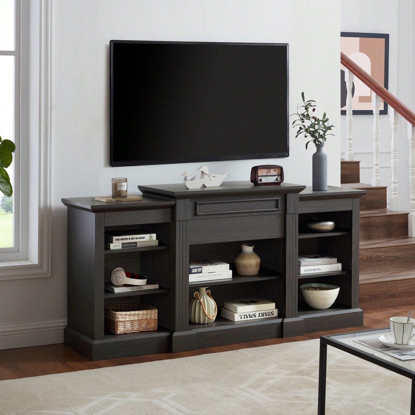 Modern Grey Media Console Table With Ample Storage For TV And Entertainment Systems 65.75"W 17"D 32.48"H
