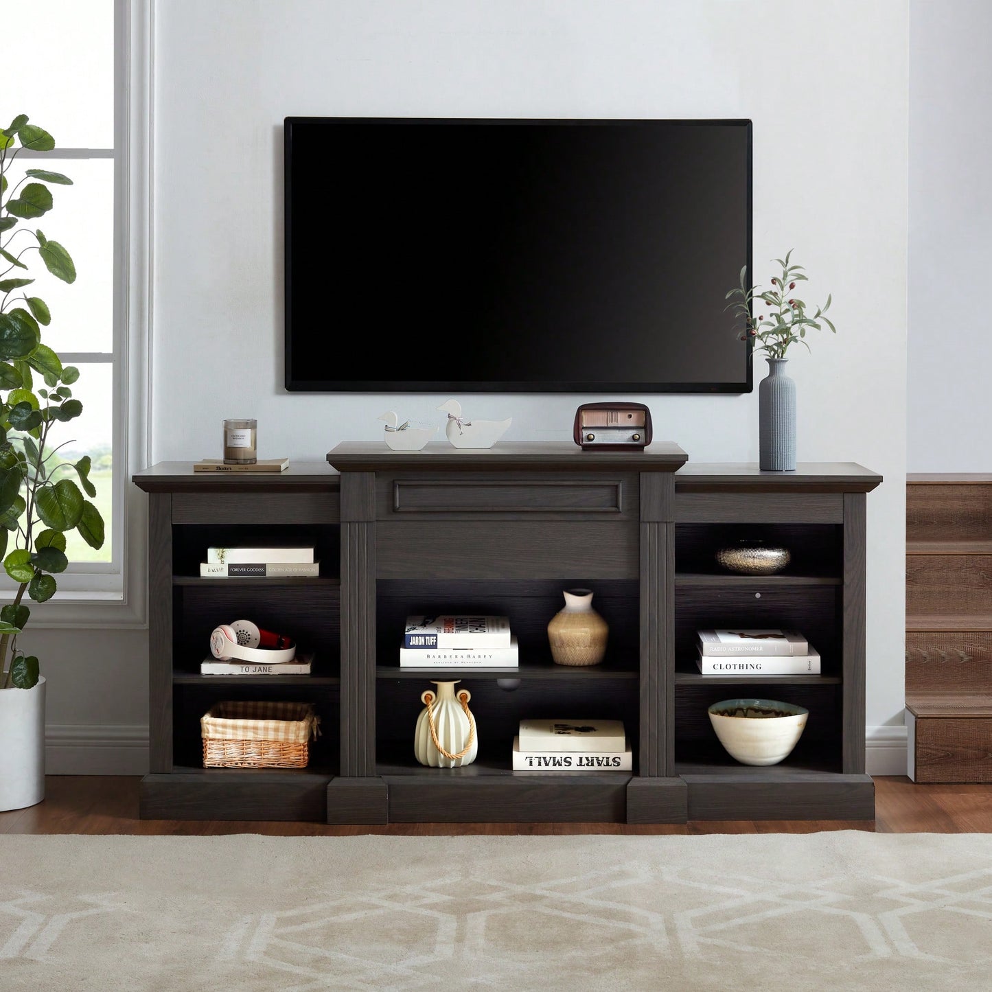 Modern Grey Media Console Table With Ample Storage For TV And Entertainment Systems 65.75"W 17"D 32.48"H