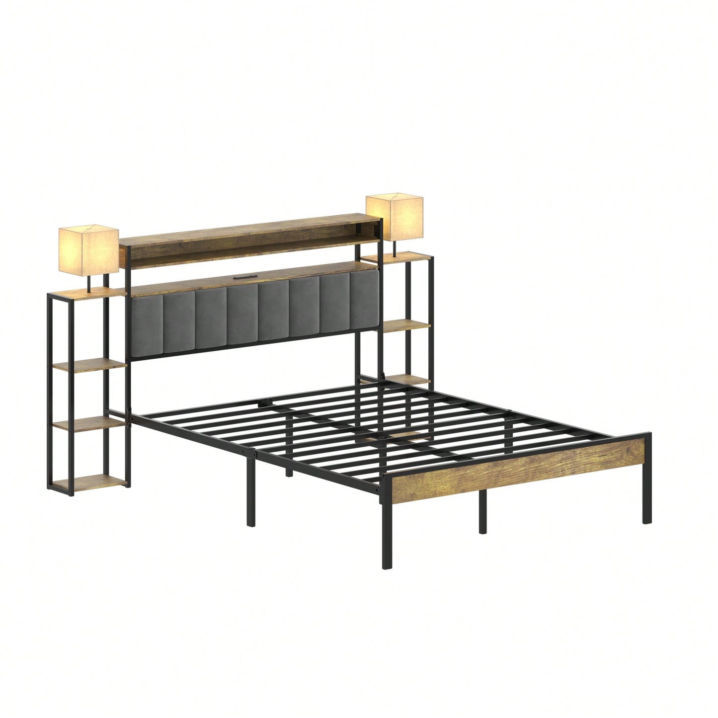 Queen Size Platform Bed Frame With Storage And LED Lights, Velvet Headboard With Bookcase Shelves, No Box Spring Required, Noise Free Design