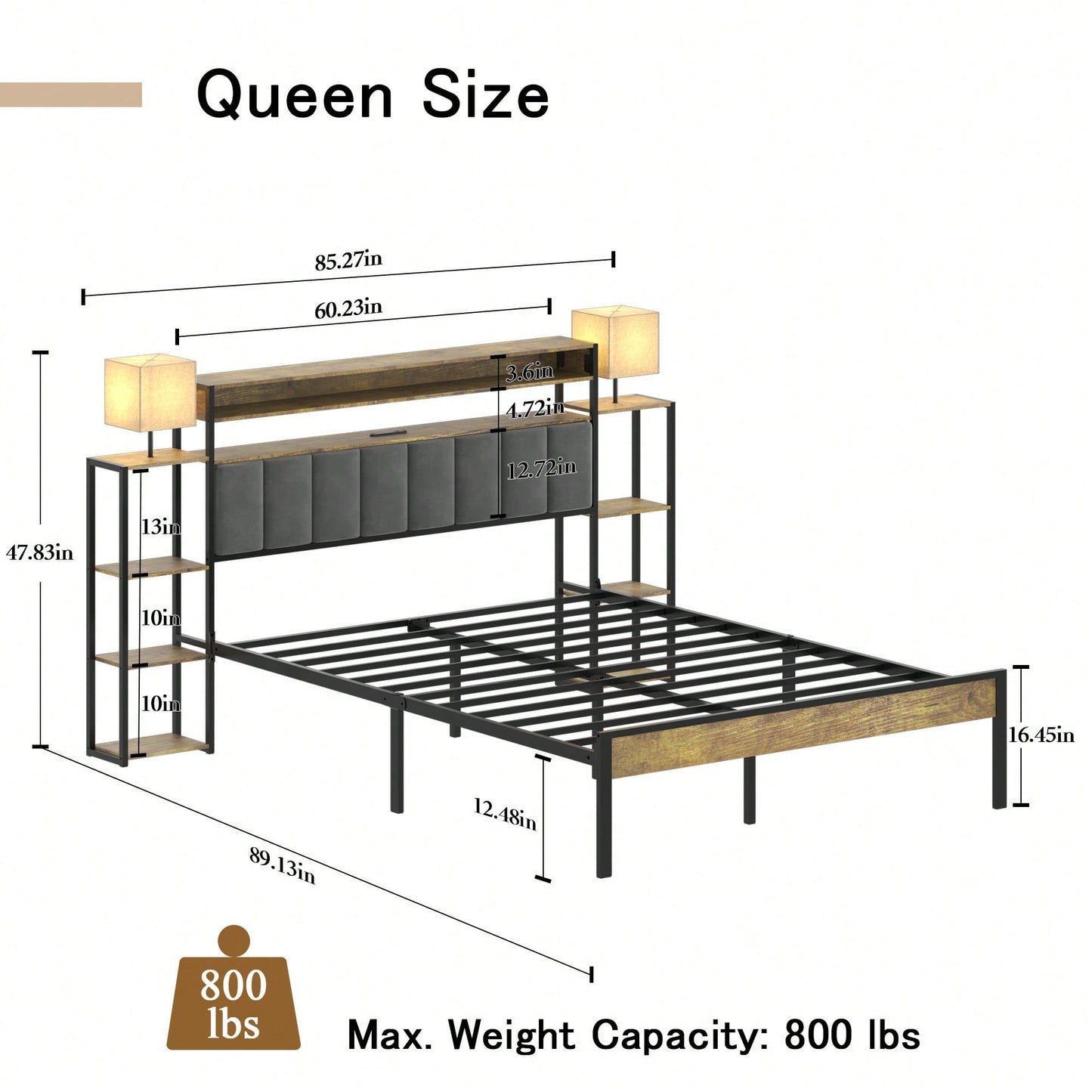 Queen Size Platform Bed Frame With Storage And LED Lights, Velvet Headboard With Bookcase Shelves, No Box Spring Required, Noise Free Design
