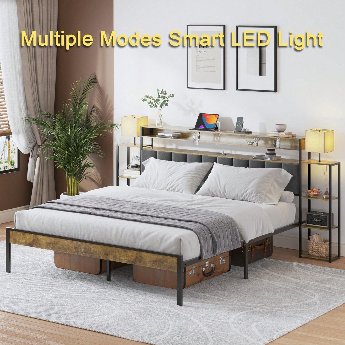 Queen Size Platform Bed Frame With Storage And LED Lights, Velvet Headboard With Bookcase Shelves, No Box Spring Required, Noise Free Design