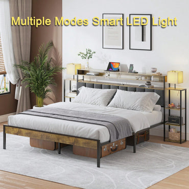 Queen Size Platform Bed Frame With Storage And LED Lights, Velvet Headboard With Bookcase Shelves, No Box Spring Required, Noise Free Design