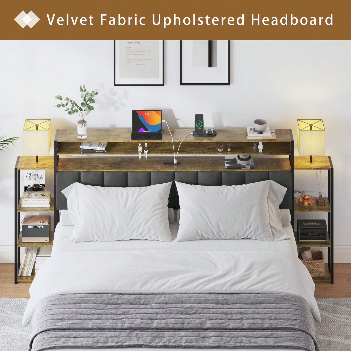 Queen Size Platform Bed Frame With Storage And LED Lights, Velvet Headboard With Bookcase Shelves, No Box Spring Required, Noise Free Design