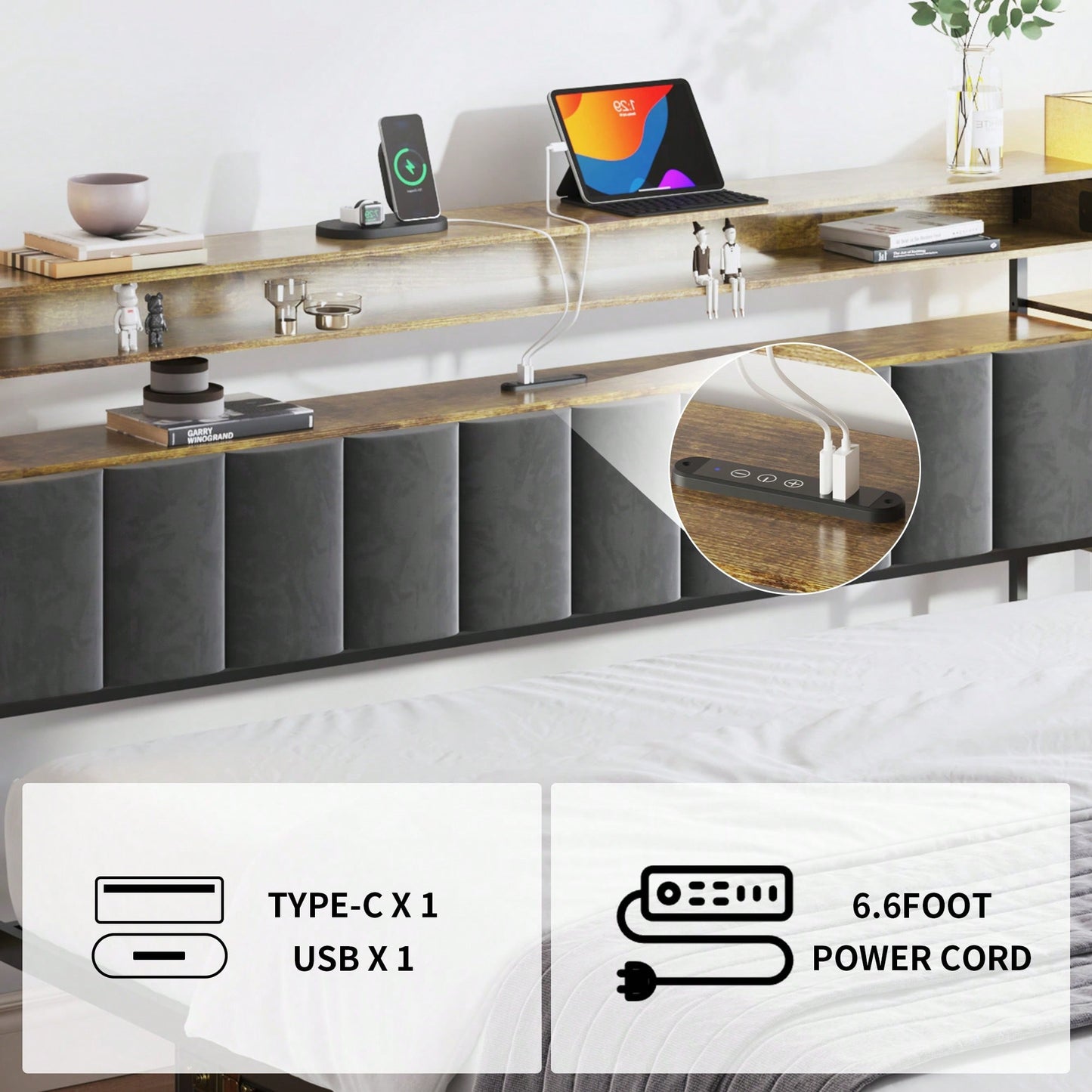Queen Size Platform Bed Frame With Storage And LED Lights, Velvet Headboard With Bookcase Shelves, No Box Spring Required, Noise Free Design