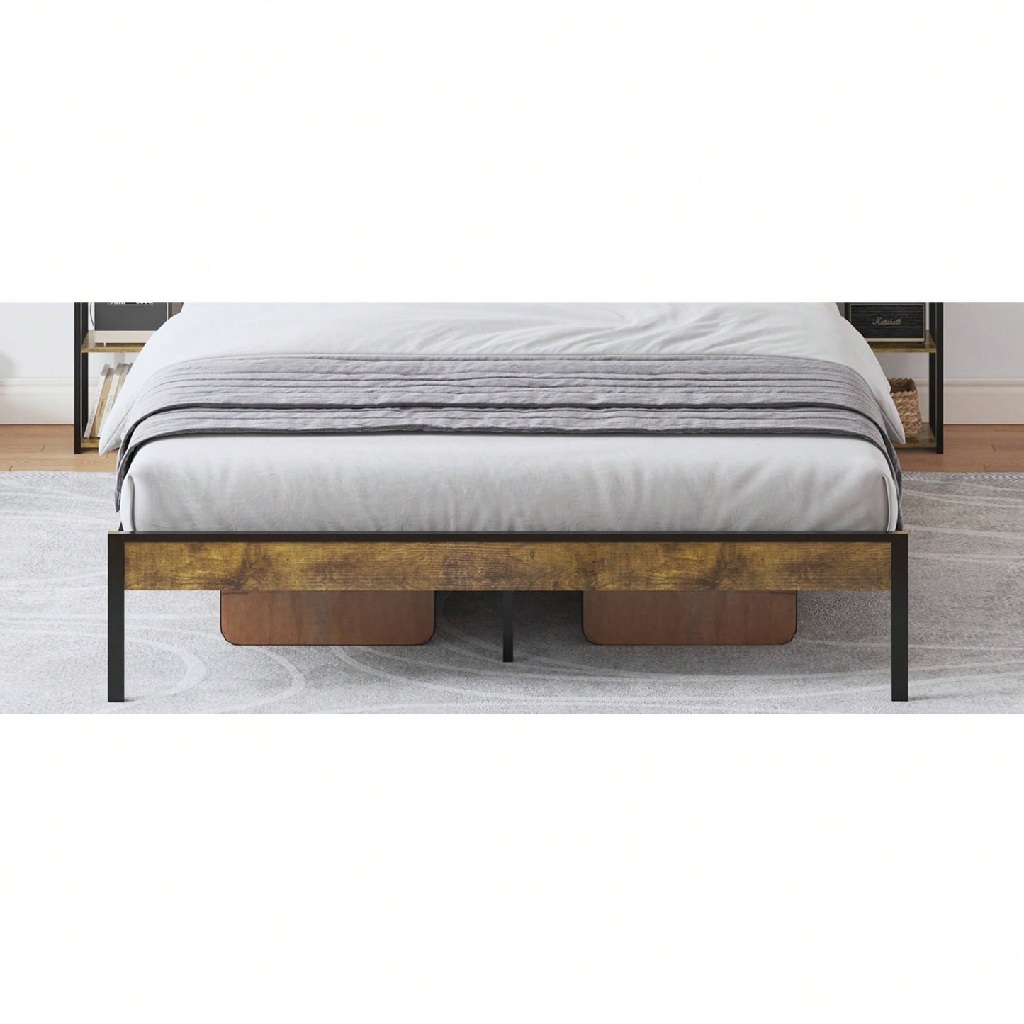Queen Size Platform Bed Frame With Storage And LED Lights, Velvet Headboard With Bookcase Shelves, No Box Spring Required, Noise Free Design