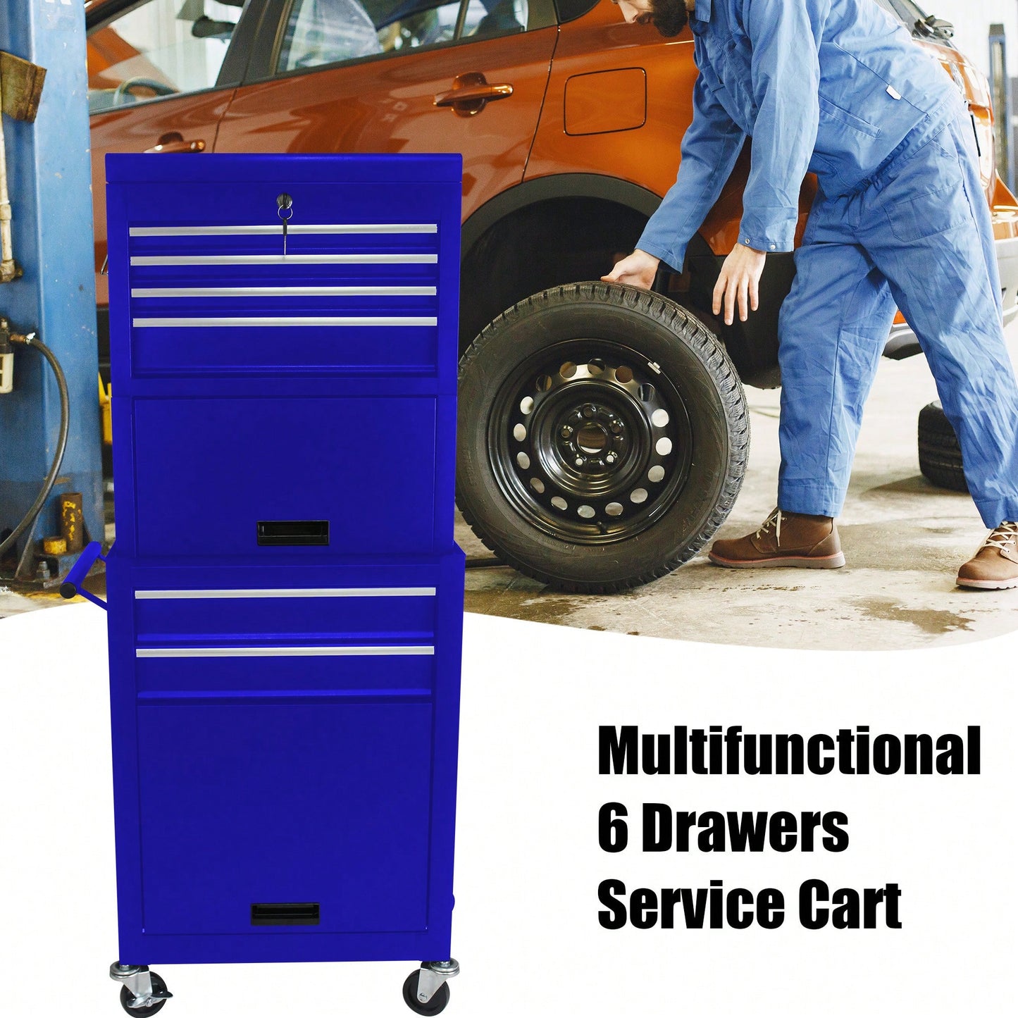 Rolling Tool Chest With 6 Lockable Drawers And Detachable Toolbox For Garage And Workshop Storage - Blue