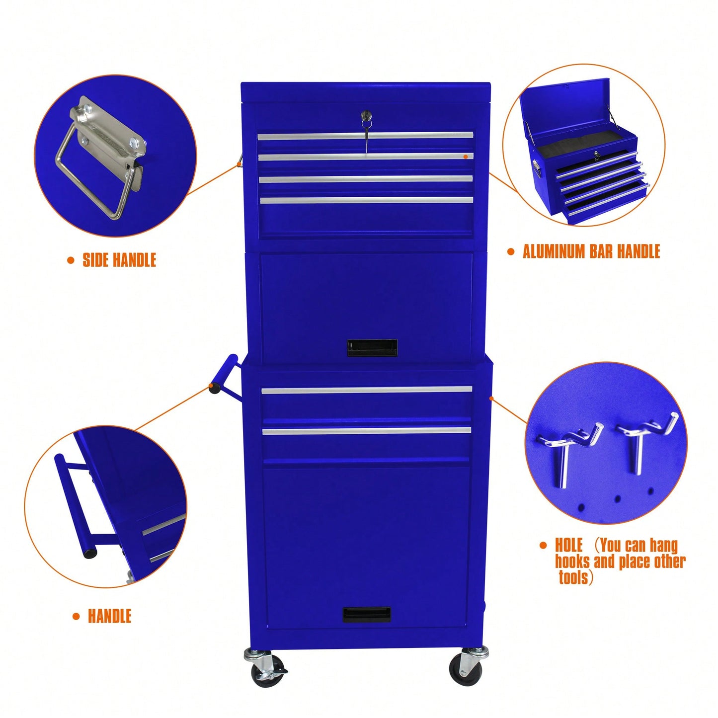 Rolling Tool Chest With 6 Lockable Drawers And Detachable Toolbox For Garage And Workshop Storage - Blue