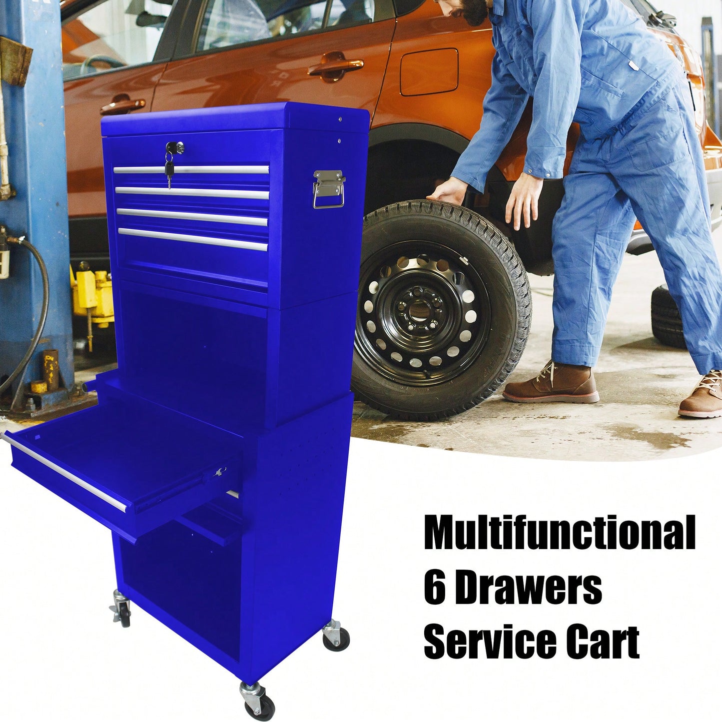 Rolling Tool Chest With 6 Lockable Drawers And Detachable Toolbox For Garage And Workshop Storage - Blue