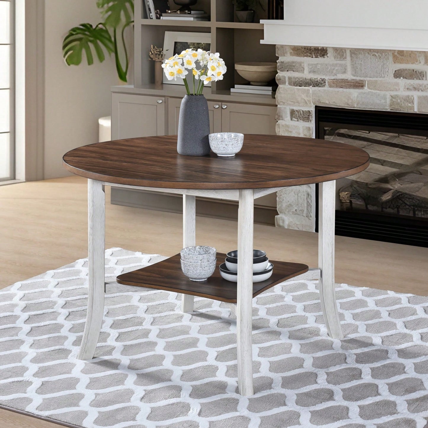 45.7 Inch Round Dining Table With Shelf Modern Farmhouse Retro Style 30 Inch Height