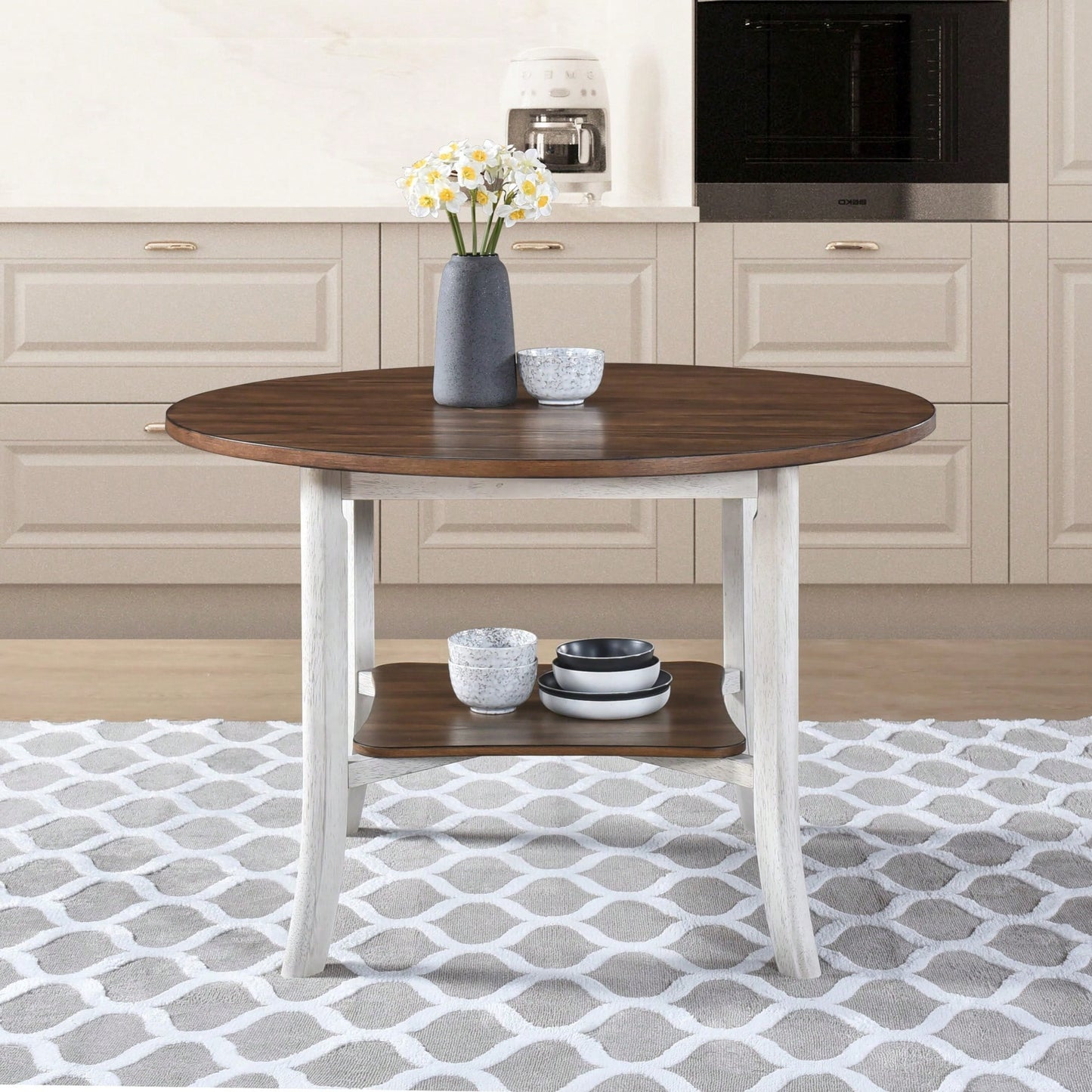 45.7 Inch Round Dining Table With Shelf Modern Farmhouse Retro Style 30 Inch Height