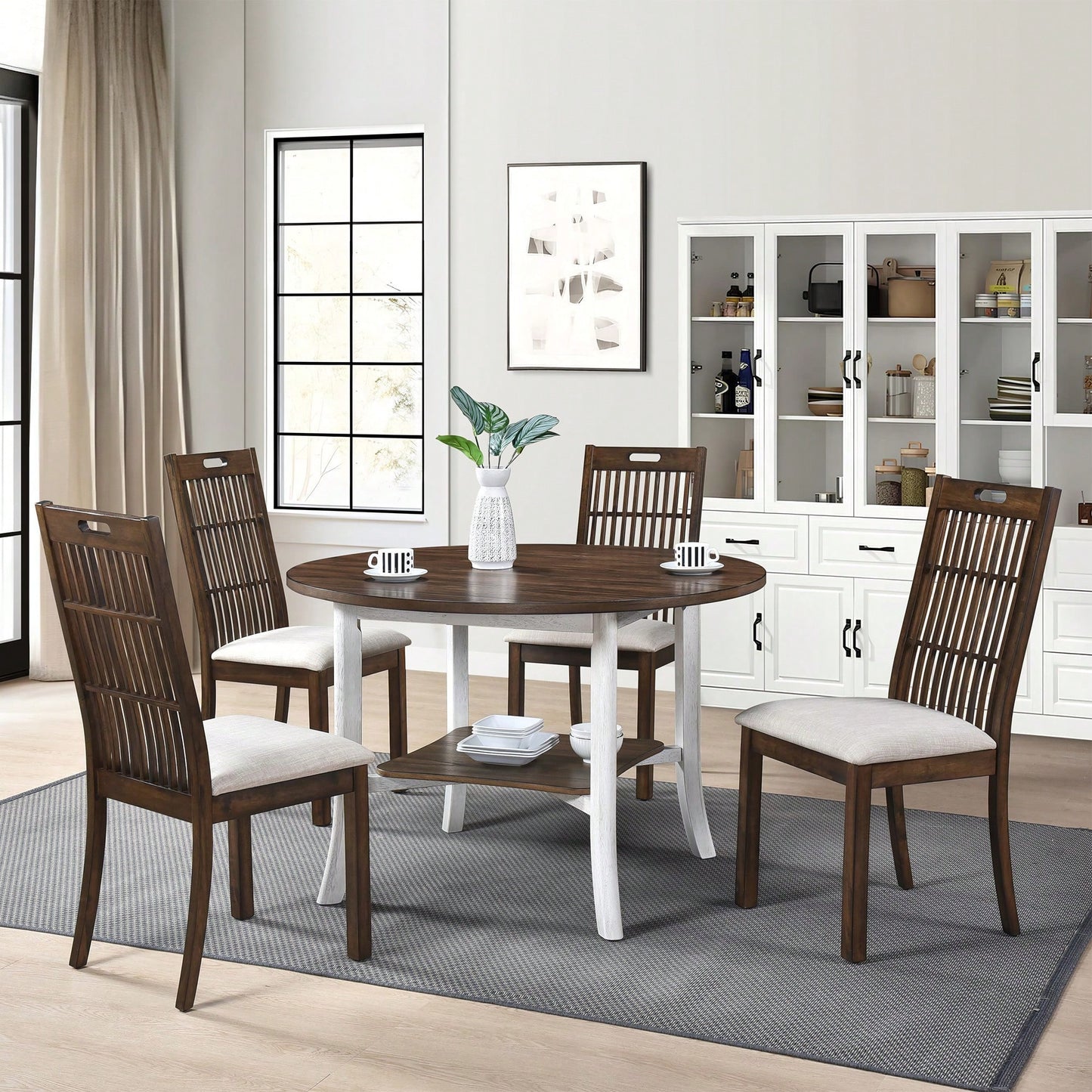 45.7 Inch Round Dining Table With Shelf Modern Farmhouse Retro Style 30 Inch Height