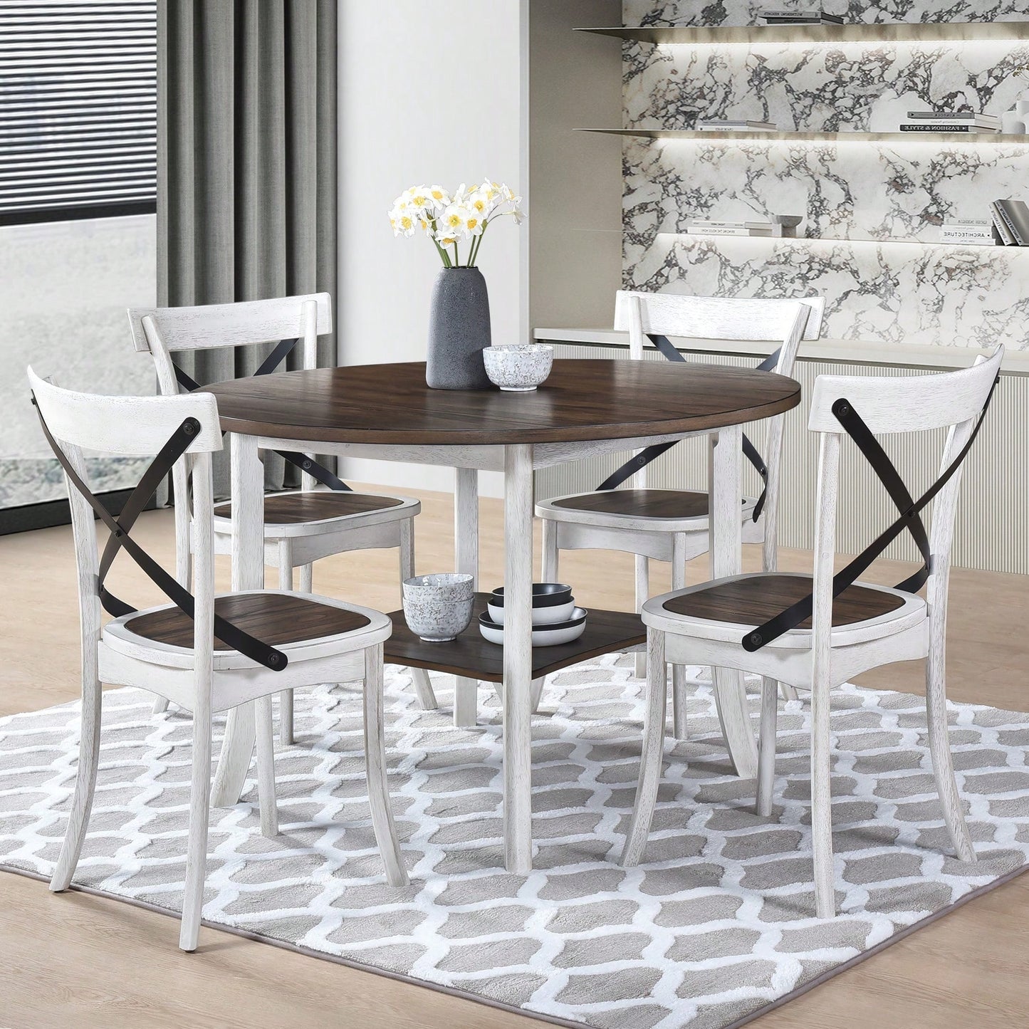 45.7 Inch Round Dining Table With Shelf Modern Farmhouse Retro Style 30 Inch Height
