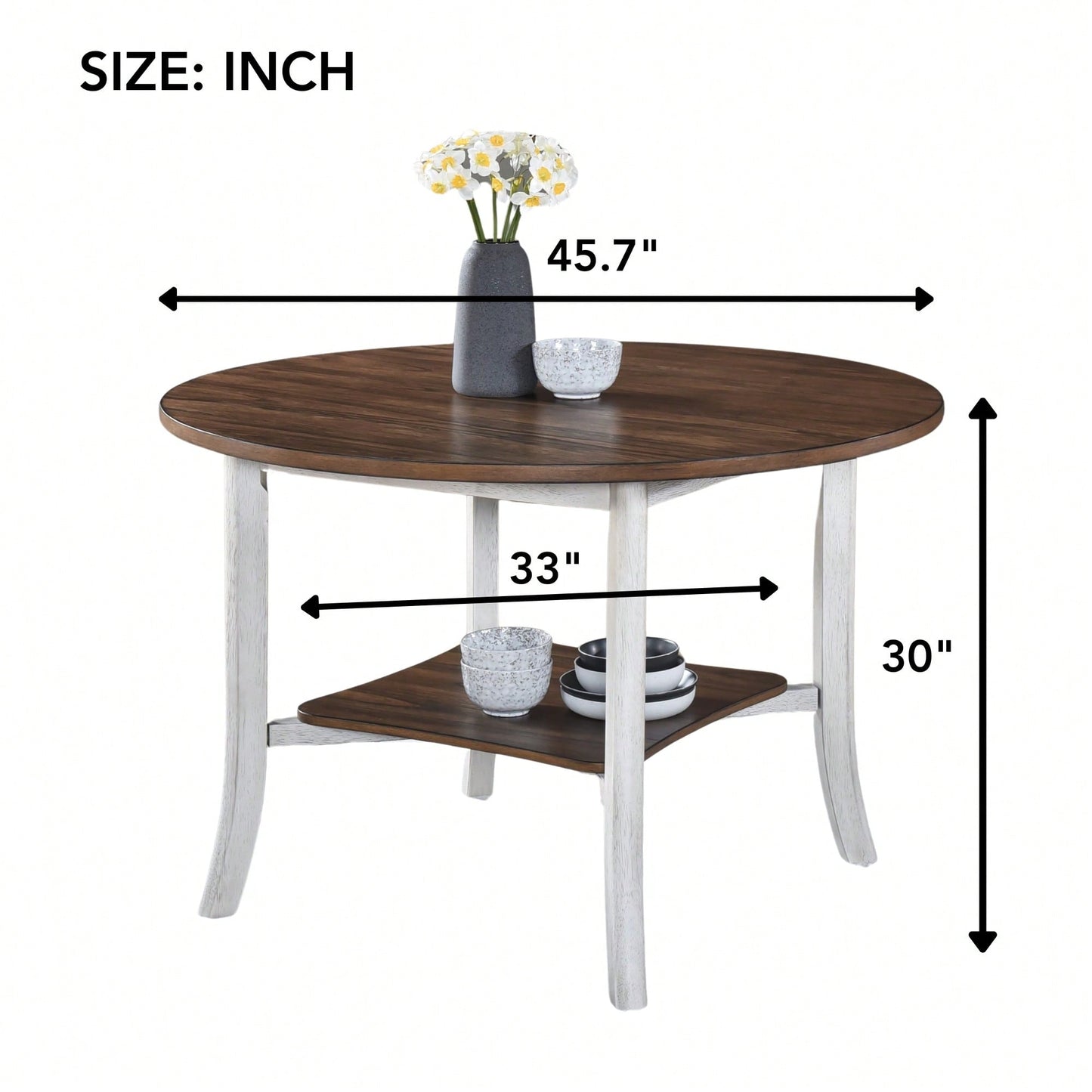 45.7 Inch Round Dining Table With Shelf Modern Farmhouse Retro Style 30 Inch Height