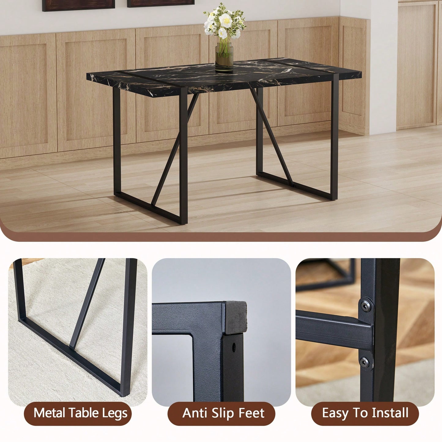 Industrial Black MDF Dining Table For 4-6 People With 1.5 Inch Thick Top And Metal Legs For Kitchen, Dining Room, Or Work Desk