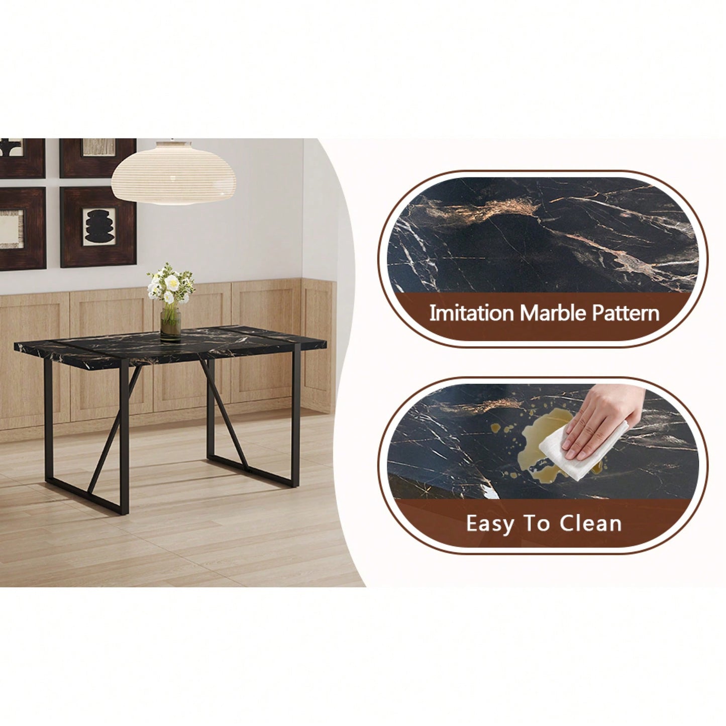 Industrial Black MDF Dining Table For 4-6 People With 1.5 Inch Thick Top And Metal Legs For Kitchen, Dining Room, Or Work Desk